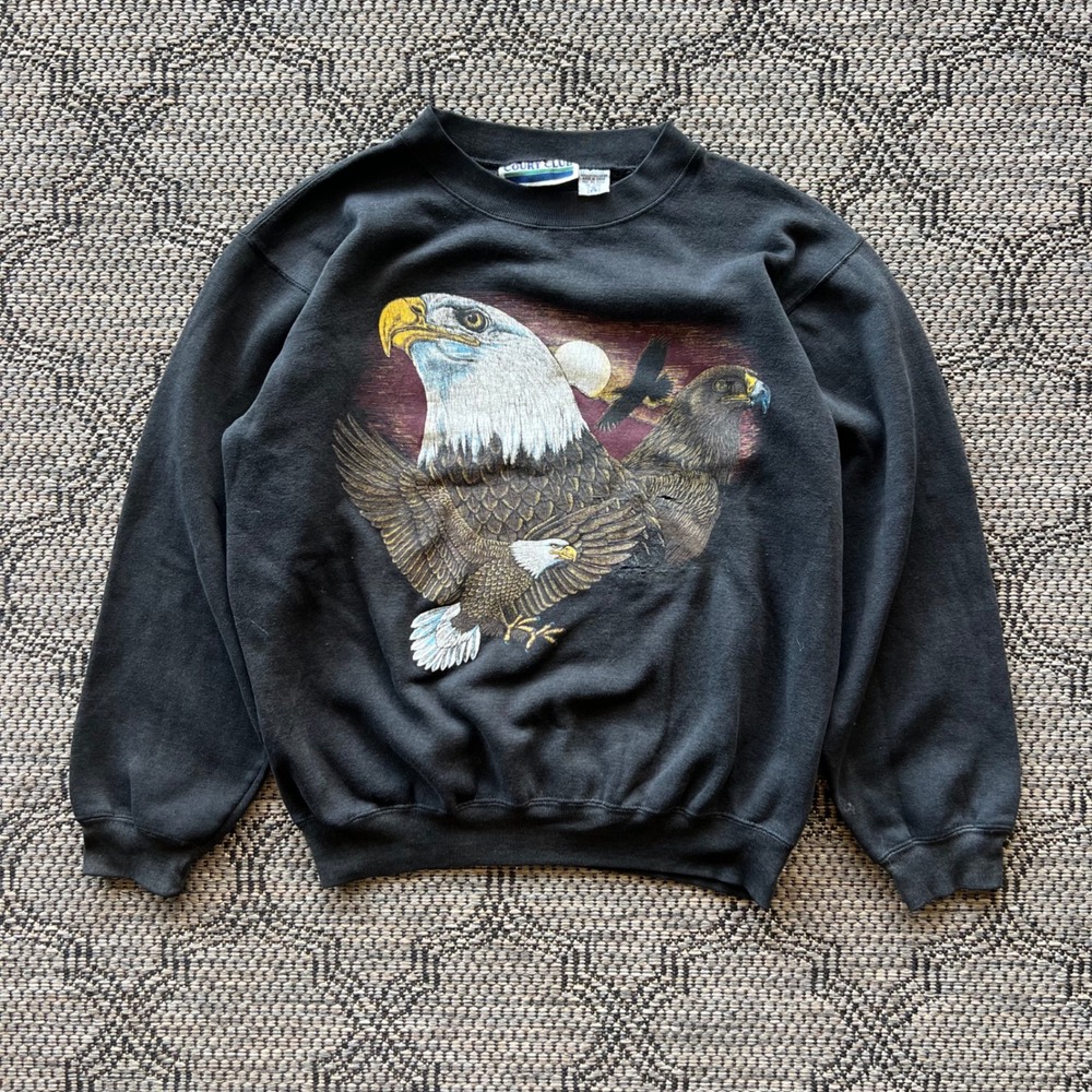 Vintage Bald Eagle Sweatshirt Mens Medium Black Distressed Nature Wildlife Bird
